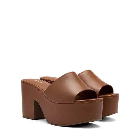 Larroude Shoes - Larroude Miso Leather Slip On Block Heel Platform Sandals Caramel Women's US 7.5